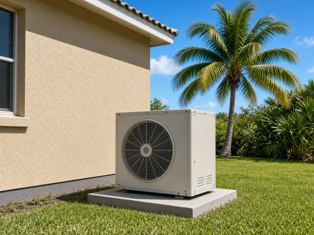 Condensador de aire acondicionado junto a una casa con palmera